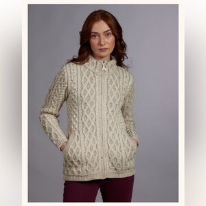 Aran Crafts Small Merino Wool Beige Pleated Cable Cardigan with Celtic Zip (ABBA